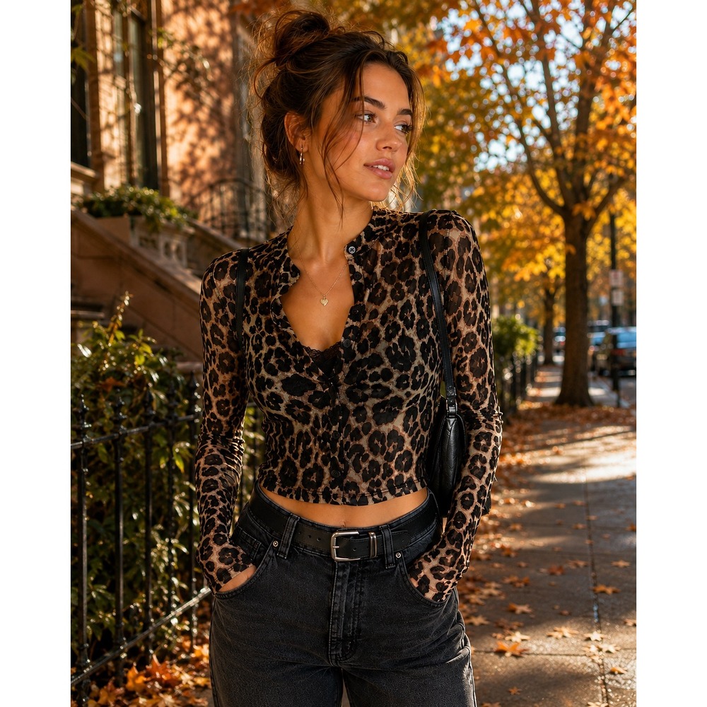 Wild Fable Leopard Print Sheer Mesh Cardigan Top Brown Black Long Sleeve Medium